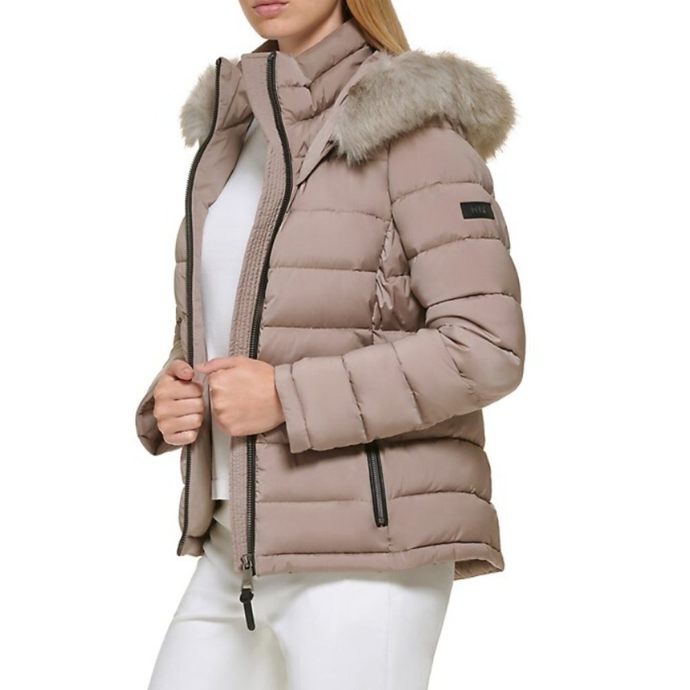 DKNY Faux Down Water Resistant Puffer Jacket Faux Fur Trim Hood for Wome… - Picture 2 of 5